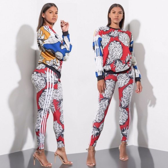 adidas 3 stripe pineapple red leggings